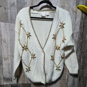 Needles & Yarn Vintage Cream Floral Diamond Knit Cardigan Sweater Medium Cottage